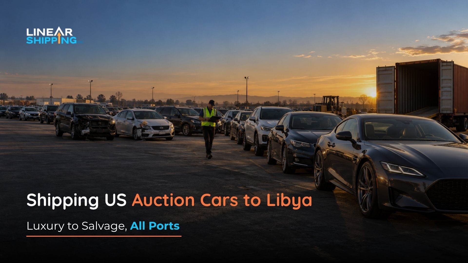 US auction cars ranging from luxury to salvage staged at a vehicle yard for container export to Libya