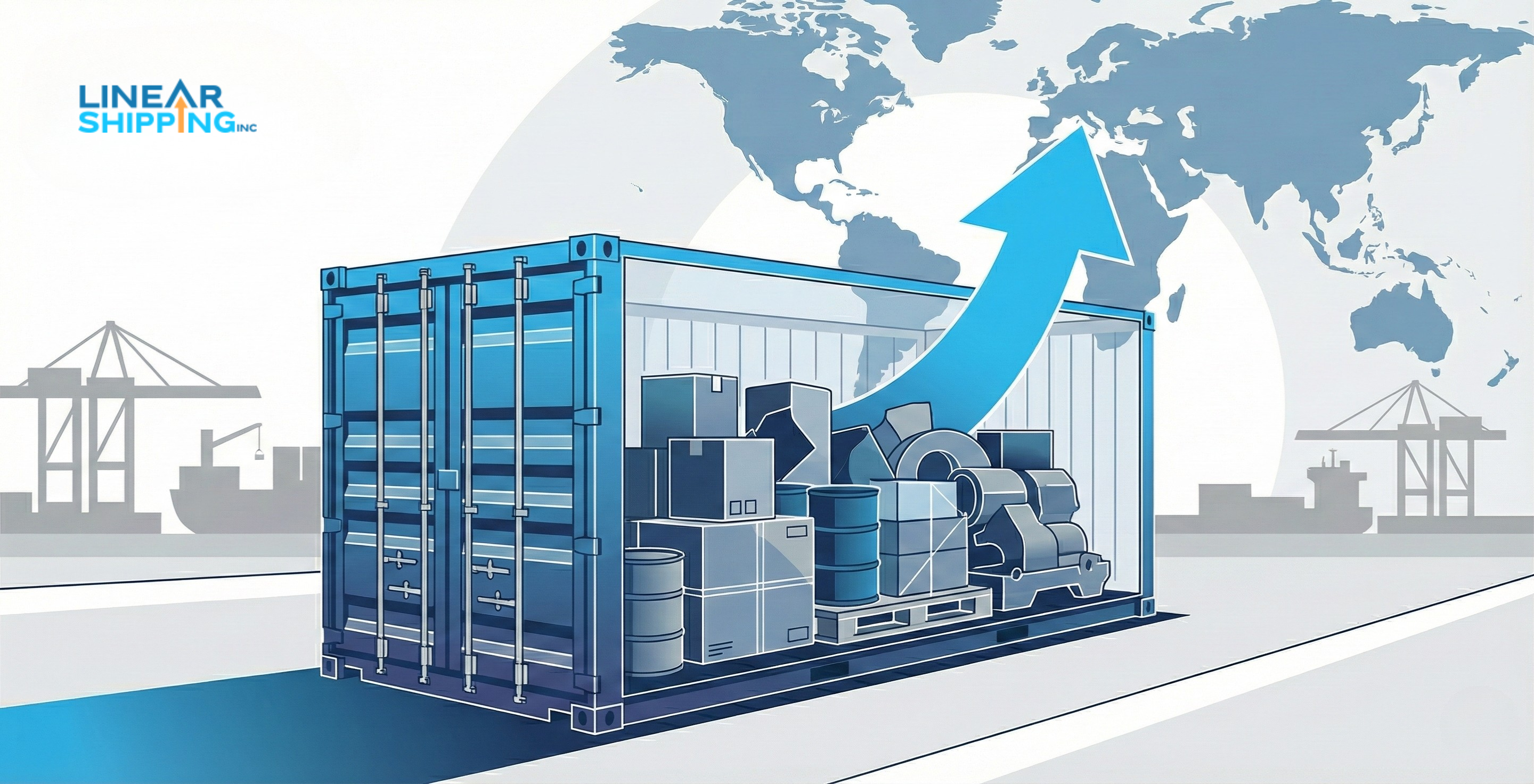 FAK Freight All Kinds shipping illustration showing mixed cargo consolidated under a single container pricing agreement.