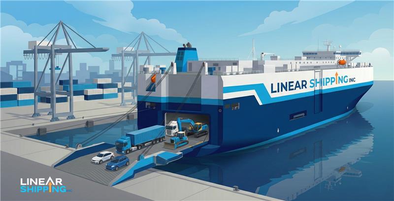 RoRo shipping of vehicles and heavy construction machinery being safely loaded via vessel ramps for international export.